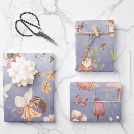 Butterflies Gnomes & Winged Fairies Garden Paars Inpakpapier Vel (Voorkant)