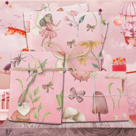 Butterflies Gnomes & Winged Fairies Garden Pink Inpakpapier Vel