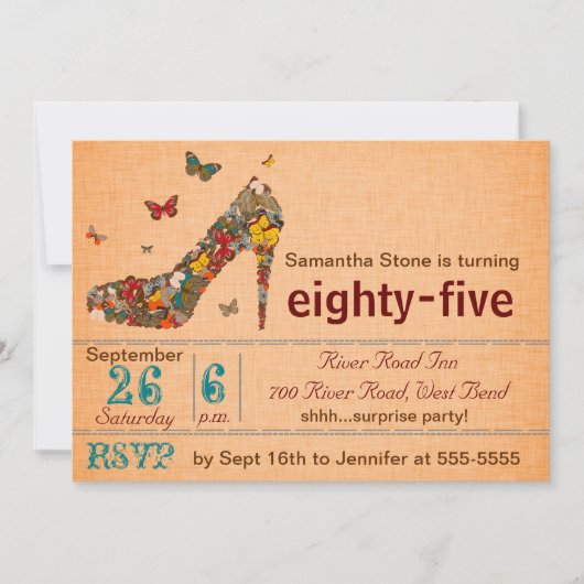 Butterflies High Heel 85th Birthday Invite Kaart (Voorkant)