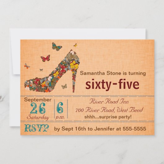 Butterflies High Hiel 65th Birthday Invite Kaart (Voorkant)