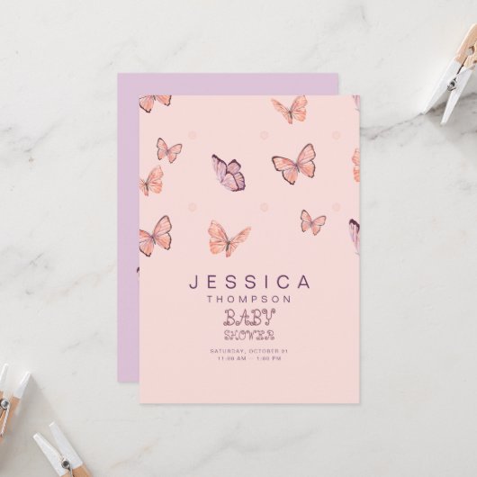 Butterflies in de AirGirl Baby shower Invitation Kaart (Voorkant / Achterkant in situ)