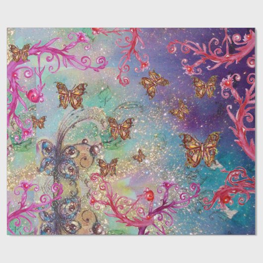 BUTTERFLIES IN GOUD GEEL AQUA BLUE SPARKLES CADEAUPAPIER (Vlak)
