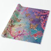 BUTTERFLIES IN GOUD GEEL AQUA BLUE SPARKLES CADEAUPAPIER (Uitgerold)