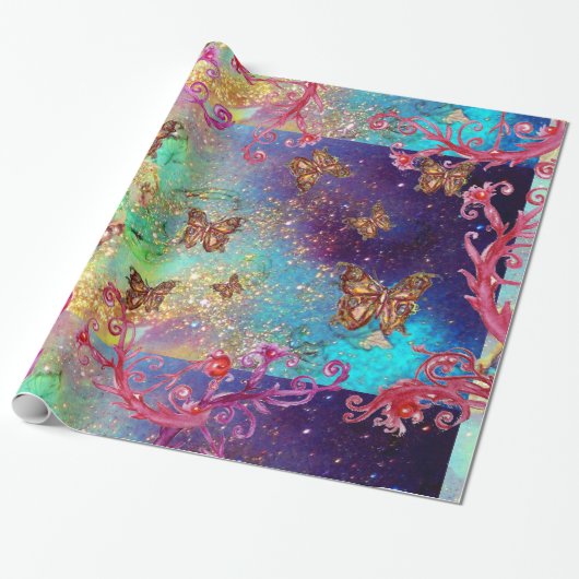 BUTTERFLIES IN GOUD GEEL AQUA BLUE SPARKLES CADEAUPAPIER (Uitgerold)