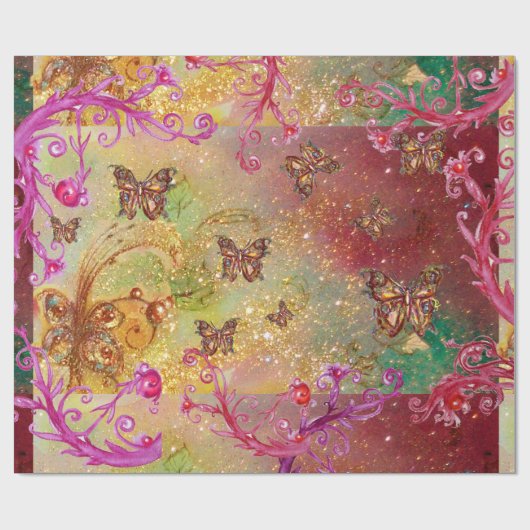 BUTTERFLIES IN GOUD GELLOW BROWN GREEN SPARKLES CADEAUPAPIER (Vlak)