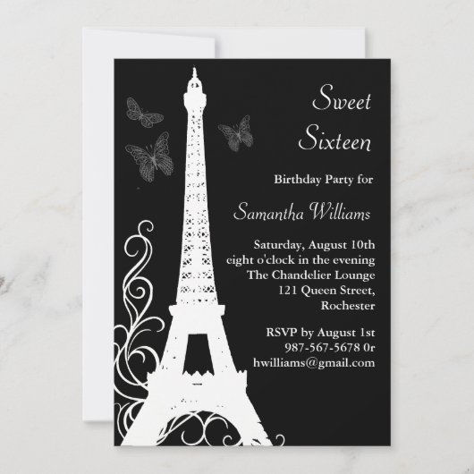 Butterflies in Paris Birthday Invite black Kaart (Voorkant)