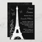 Butterflies in Paris Birthday Invite black Kaart (Voorkant / Achterkant)