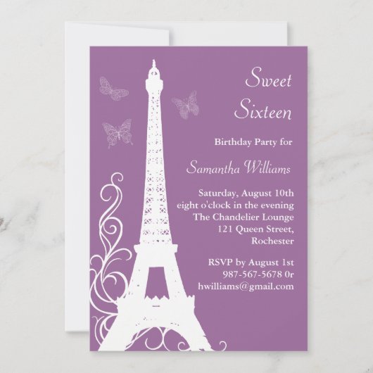 Butterflies in Paris Birthday Invite paarse Kaart (Voorkant)