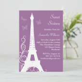 Butterflies in Paris Birthday Invite paarse Kaart (Staand voorkant)