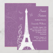 Butterflies in Paris Birthday Invite paarse Kaart (Voorkant / Achterkant)