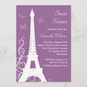 Butterflies in Paris Birthday Invite paarse Kaart