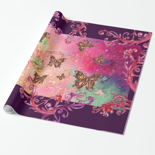 BUTTERFLIES IN PINK SPARKLES-MAGIC BUTTERFLY PLANT CADEAUPAPIER (Uitgerold)
