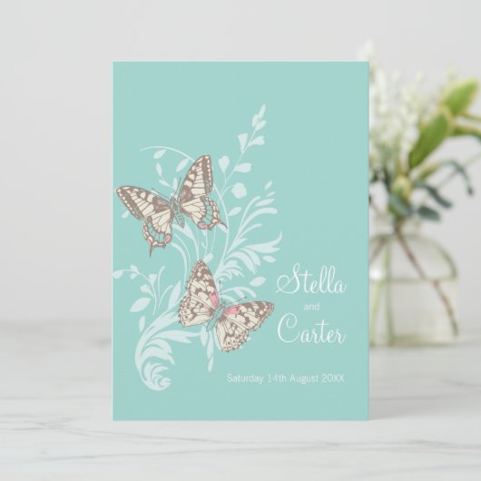 Butterflies Inked Art Aqua blauwgroen crème bruilo Kaart (Staand voorkant)