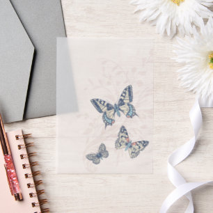 Butterflies Inked Art Blue Coral Cream Wedding Vellum Uitnodigingen