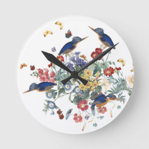 Butterflies Kingfisher Birds Flowers Garden Clock Ronde Klok