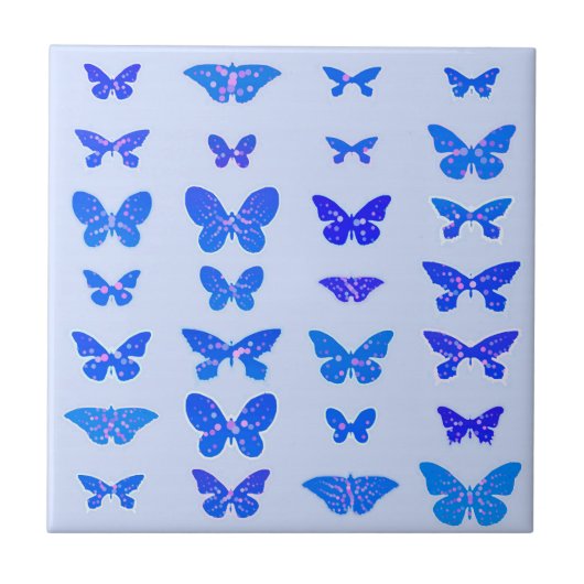 Butterflies, kobalt blauw, lichtblauwe achtergrond tegeltje (Voorkant)