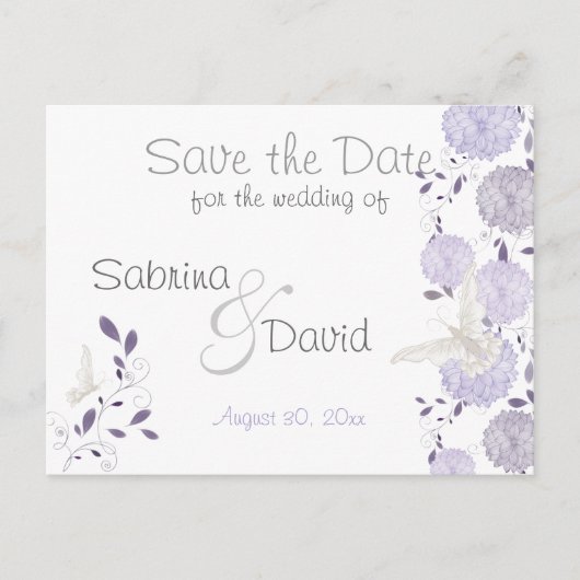 Butterflies & Lila Chrysanthemum Opslaan Datum Aankondigingskaart (Voorkant)