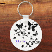 Butterflies met bloemen zwart in witte sleutelkete sleutelhanger (Voorkant)
