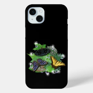 Butterflies met lederen regendruppels iPhone 15 mini hoesje