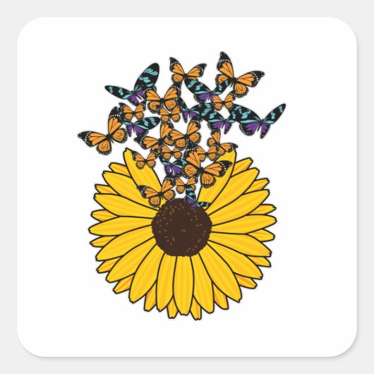 Butterflies met zonnebloem vierkante sticker (Voorkant)