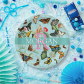 Butterflies, monogram & naam, Blauwgroen & goud Papieren Bordje (Feest)