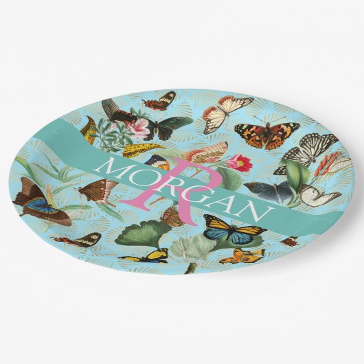 Butterflies, monogram & naam, Blauwgroen & goud Papieren Bordje (Gekanteld)