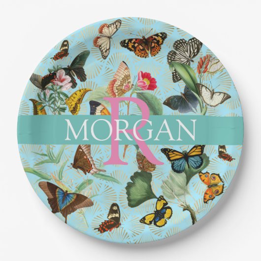  Butterflies, monogram & naam, Blauwgroen & goud Papieren Bordje (Voorkant)