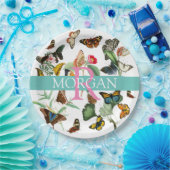  Butterflies, monogram & naam, Blauwgroen & wit Papieren Bordje (Feest)