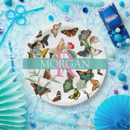 Butterflies, monogram & naam, Blauwgroen & wit Papieren Bordje (Feest)