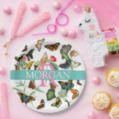 Butterflies, monogram & naam, Blauwgroen & wit Papieren Bordje (Feest)