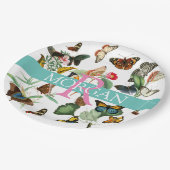 Butterflies, monogram & naam, Blauwgroen & wit Papieren Bordje (Gekanteld)