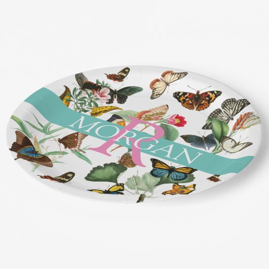  Butterflies, monogram & naam, Blauwgroen & wit Papieren Bordje (Gekanteld)