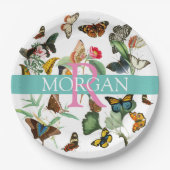 Butterflies, monogram & naam, Blauwgroen & wit Papieren Bordje (Voorkant)