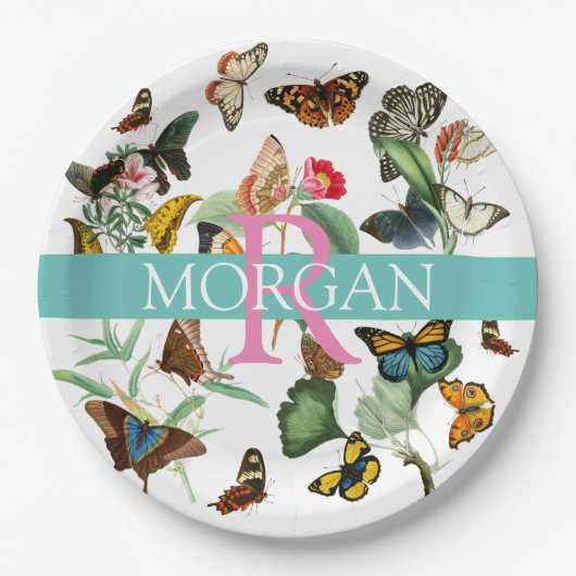  Butterflies, monogram & naam, Blauwgroen & wit Papieren Bordje (Voorkant)