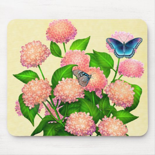 Butterflies on Pink Hydrangeas Mousepad Muismat (Voorkant)