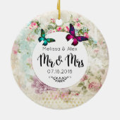 Butterflies on Shabby  Collage Mr. en Mrs. Keramisch Ornament (Achterkant)