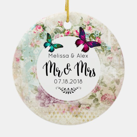 Butterflies on Shabby  Collage Mr. en Mrs. Keramisch Ornament (Achterkant)