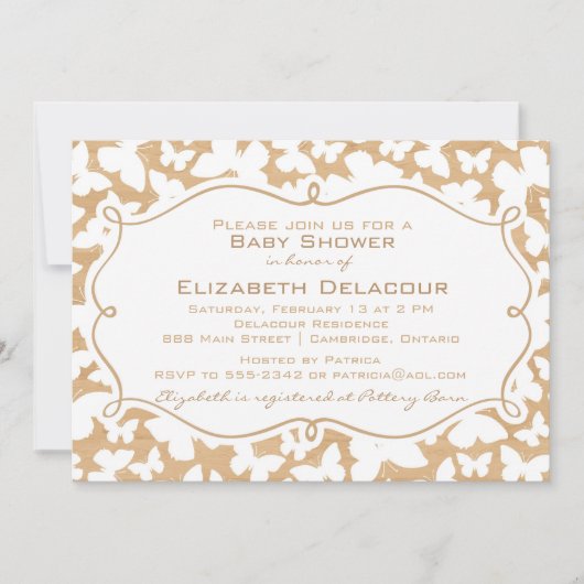 Butterflies on Wood Pattern Baby shower Invitation Kaart (Voorkant)