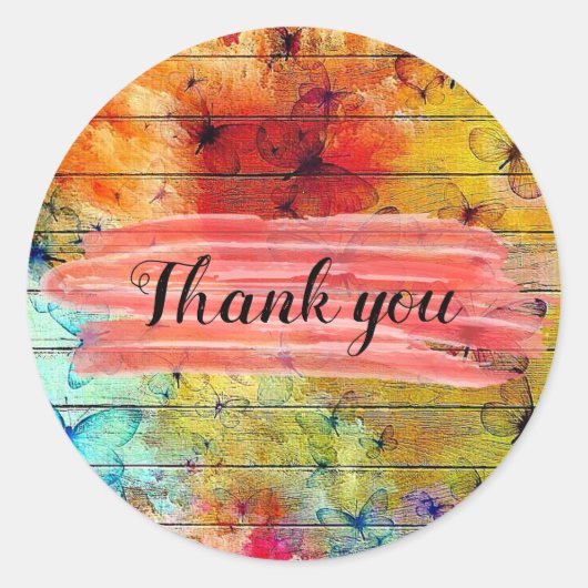 Butterflies op een kleurrijk Rustisch Hout Dank je Ronde Sticker (Voorkant)