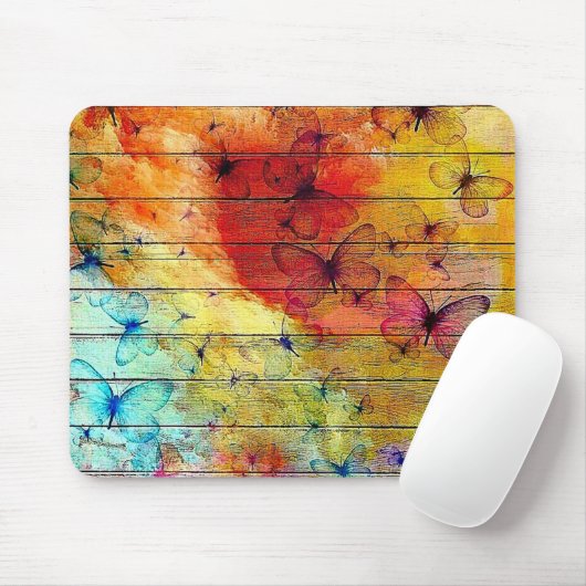Butterflies op een kleurrijk Rustisch Hout Muismat (Met muis)