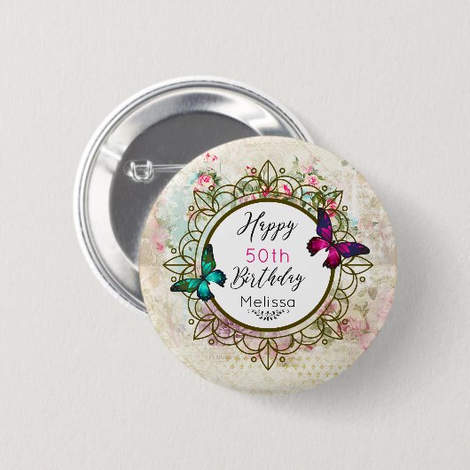 Butterflies op een Shabby  Collage Birthday Ronde Button 5,7 Cm (Voorkant /achterkant)