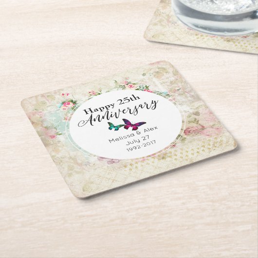 Butterflies op Shabby  Collage Jubileum Kartonnen Onderzetters (Schuin)