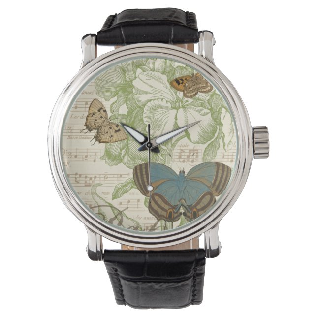 Butterflies op vel Music met Floral Design Horloge (Voorkant)