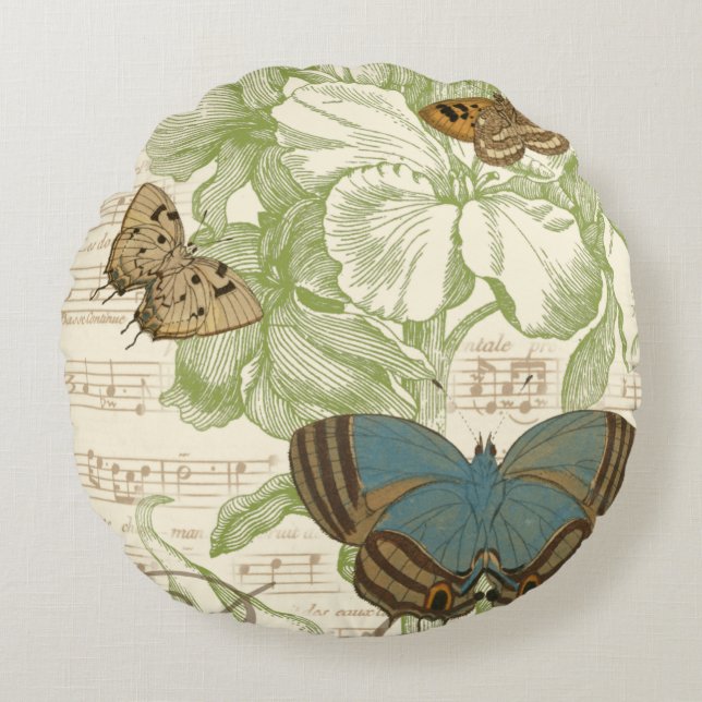 Butterflies op vel Music met Floral Design Rond Kussen (Voorkant)