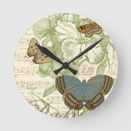 Butterflies op vel Music met Floral Design Ronde Klok (Voorkant)