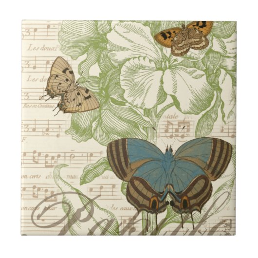 Butterflies op vel Music met Floral Design Tegeltje (Voorkant)
