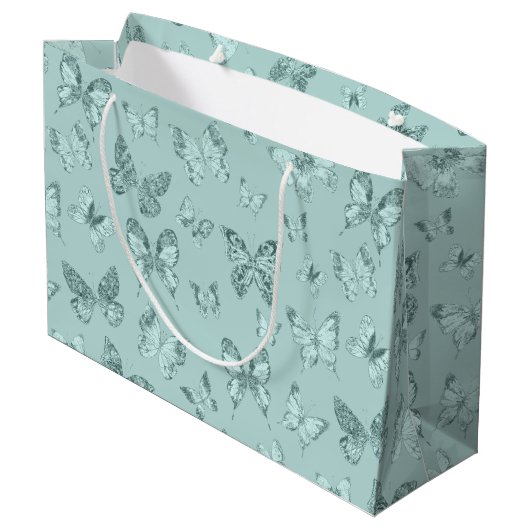 Butterflies Pastel Mint Green Glittery Luxe Groot Cadeauzakje (Achterkant Gekanteld)