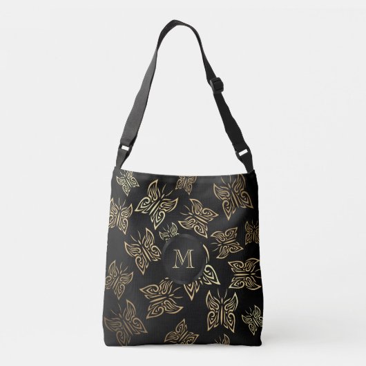Butterflies Pattern Gold Black Crossbody Tas (Achterkant)