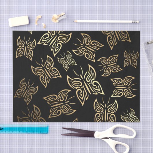 Butterflies Pattern Gold Black Tissuepapier (Craft)