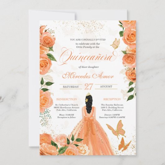 Butterflies & Peach Rozen Quinceanera Invitation Kaart (Voorkant)